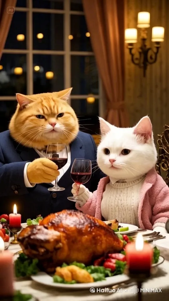 两只猫咪快速地端起酒杯，叮的一声碰杯，然后一饮而尽，要喝完，接着，它们放下杯子，开心的笑着 by Hailuo AI Video Generator