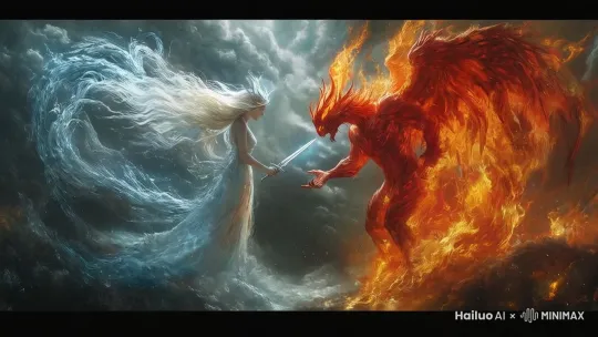 左边凝结冰柱，右边煽动火翅膀 by Hailuo AI Video Generator