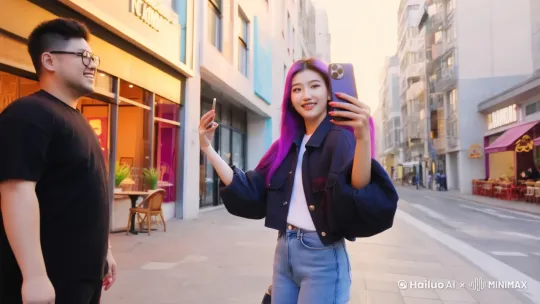 一个美女走在城市街道上，自信和朋友一起自拍 by Hailuo AI Video Generator