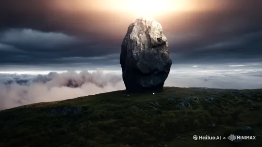 在乌云密布的山头，一头巨蟒形状的巨石巍然矗立，仿佛是大地的守护者。突然，一道耀眼的闪电划破天际，准确无误地劈向这块巨石。刹那间，巨石如同被唤醒的巨兽，瞬间炸裂开来，碎石四溅，尘土飞扬。而在碎石之中，一条巨大的黄金巨蟒逐渐显露出它的身形，金光闪闪，气势磅礴，仿佛是从古老神话中走出的神兽，震撼人心。摄像机以高速运动捕捉这一震撼瞬间，镜头紧随黄金巨蟒的出现而移动，展现出一种神秘而壮观的氛围。 by Hailuo AI Video Generator