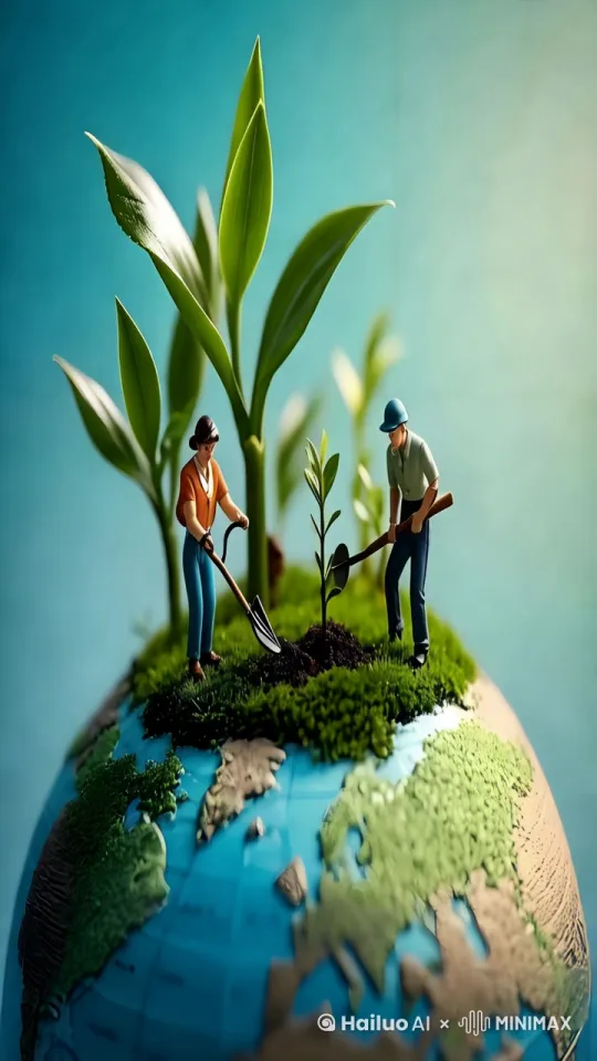 两个小人拿着铲子在地球仪上植树，小树慢慢生长，让禄色保护地球环境 by Hailuo AI Video Generator