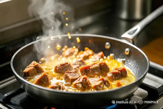 羊肉焦边显微视角, 金黄油泡爆破特效, 电影级暖光, 粒子飞溅 by Hailuo AI Video Generator