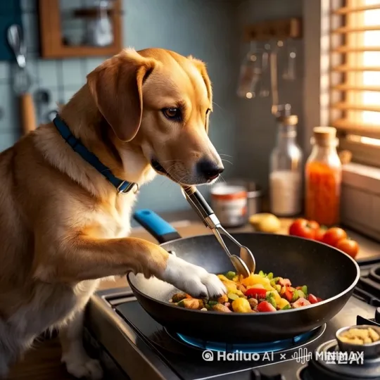 好的，我将按照您的要求创作一个关于狗狗做菜的温馨故事。为了让故事更生动，我会先整理一些基本的情节脉络。请您看看以下内容是否符合您的预期。如果您有其他想法，可以随时提出，我会进行调整。

### 世界观设定

- **拟人化动物社会**：动物们穿着衣物直立行走，拥有自己的城市设施，但保留部分动物习性。面包店招牌画着骨头饼干，宠物医院变成综合诊所。

- **魔法厨房**：灶台高度可调节，智能烤箱能识别犬语指令，冰箱里储存着特制食材（无盐牛肉、狗爪型模具），调料罐标注爪印图案。

### 故事梗概

- **清晨准备**：金毛大厨查理换上厨师服，用爪子打开魔法冰箱挑选彩虹蔬菜。助手柯基布丁搬运食材时打翻面粉，引发厨房混乱。

- **烹饪挑战**：直立搅拌面团导致 by Hailuo AI Video Generator