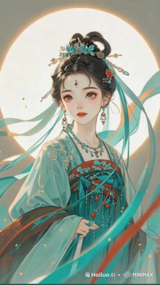 主体描述:** 

* **人物:**  古风美人，脸部特写，妆容精致，眼神温柔似水，略带忧郁。
* **服饰:**  水绿色石榴裙，轻盈飘逸，领口刺绣精美，飘带飞舞，灵动自然。
* **头饰:**  精美头饰，与服饰相得益彰，细节丰富，闪耀着柔和的光芒。

**动态效果:**

* **飘带:**  飘带缓缓飘动，仿佛被微风轻抚，时而舒展，时而缠绕，增添画面灵动感。
* **光影:**  人物轮廓散发出柔和的光芒，与背景留白形成对比，营造出梦幻般的氛围。
* **镜头:**  镜头缓缓推进，聚焦人物面部表情，捕捉眼神中的细微变化，展现人物内心世界。 by Hailuo AI Video Generator
