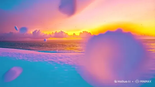 1. 全景镜头：暮色渐沉的天空呈现粉紫色渐变，大朵雪花以慢镜头速度飘落，远处海平面与低垂的积云相接
2. 动态元素：被白雪覆盖的沙滩上偶有贝壳显露，海浪以0.5倍速轻抚岸边的冰晶，雪花接触海面瞬间融化的微距特写
3. 光影效果：冬季夕阳的琥珀色光晕穿透雪幕，在潮湿的沙滩上形成细碎的金色反光，手持摄影机的轻微晃动感
4. 氛围细节：海鸥低空掠过时的羽翼破雪轨迹，被积雪压弯的滨海植物枝条，漂浮着薄冰的浅滩区
5. 特殊镜头：第一视角的脚印特写（镜头跟随新脚印在雪沙混合滩涂上延伸），延时摄影表现的潮汐与落雪竞速

技术参数：
- 色彩配置：青蓝（冷）与琥珀（暖）的对比色调，HSL中蓝色系饱和度+20，色温4800K
- 动态模糊：雪花运动轨迹添加径向模糊，海浪泡沫部分采用流体模拟
- 天气系统：使用粒子系统生成密度分层的降雪，上层雪片尺寸较大（直径15-20mm），近地面雪雾密度0.3
- 音频建议：低频海浪白噪音（-12dB）叠加水晶音效（雪花碰撞频率800-1200Hz），间歇性加入海鸟鸣叫（距离衰减60%）

情感触发点：
- 矛盾元素的和谐共存：炽热夕阳与寒冷飘雪/流动海水与固态冰晶
- 慢节奏自然韵律：建议采用24帧拍摄+30%速度拉伸
- 人类尺度参照物：远景中模糊的灯塔暖光，中景废弃木船积雪厚度变化

进阶提示：在AI生成时可添加"Makoto Shinkai风格的环境细节"+"BBC Earth纪录片级的自然观察视角"+"Studio Ghibli的治愈系构图"作为风格融合关键词，可获得更具艺术性的画面表现。 by Hailuo AI Video Generator