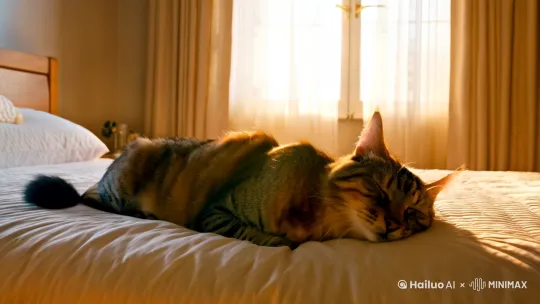 少量动态睡在床边的狸花猫被窗外的阳光晃到眼睛从梦中惊醒，镜头逐渐推进的过程中向右旋转，画面色调自然，氛围温馨 by Hailuo AI Video Generator