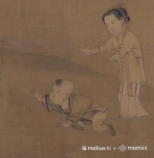 宋代工笔画细腻描绘，画面中一位端庄妇人站立，身着典雅长袍，头发精致盘起，面容温婉，双目注视着前方。她身旁，一名稚嫩婴儿正慢慢爬行，穿着朴素短衣，小手伸展，奋力地抓向前方，仿佛追逐着母亲的温暖。妇人表情流露焦急，双唇微启似在轻声呼唤，双臂自然张开，展现出母爱的本能保护姿态。背景以浅棕色布面为基底，营造出古朴宁静的氛围。中景，无运镜，工笔技法细腻勾勒人物神韵。 by Hailuo AI Video Generator