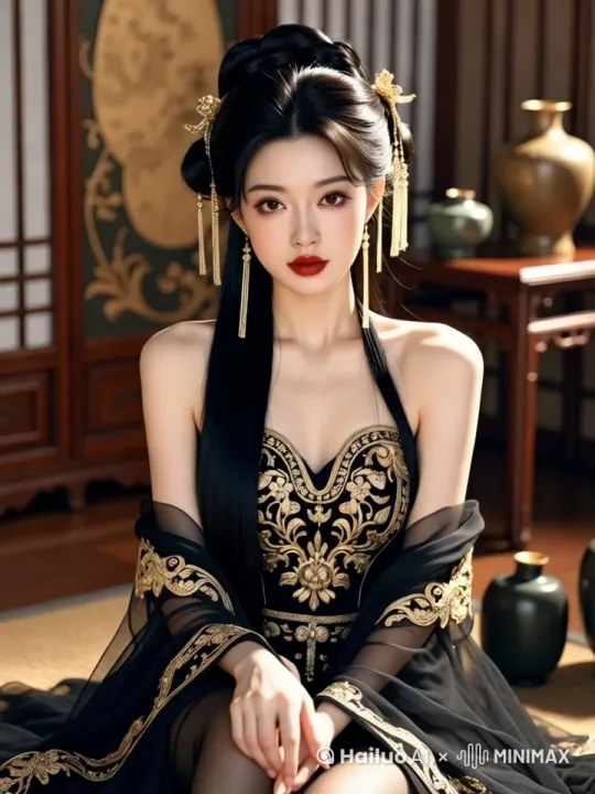 this is a high-resolution, highly detailed cgi image depicting a female character in a traditional chinese setting, the subject is an asian woman with a delicate, pale complexion, her straight, black hair is intricately styled with ornate golden hair accessories that feature ornamental patterns reminiscent of traditional chinese motifs, she wears a richly detailed, black silk robe adorned with gold embroidery and intricate, golden patterns along the neckline, sleeves, and hem that give a shimmery texture, draped over her shoulders is a sheer, see-through black fabric, giving a layered, ethereal effect to her attire, golden accents in her outfit mimic the imperial style, suggesting a royal or noble status, her makeup is meticulously done, featuring bold, red lips and softly blended eyeshadow with subtle hints of gold, she carries long, dangling golden earrings that add to the opulence of her look, in the background is a luxurious, wooden panel with a large, ornate relief carving, contributing to the authenticity of the scene, various traditional chinese ceramics, including vases, are displayed on a nearby table, reinforcing the cultural context of the image, the lighting is soft and warm, highlighting her serene and regal demeanor, the overall setting evokes a sense of historic grandeur and sophistication,[左移,右摇,跟随]镜头不断放大，人物缓缓侧身，3D，逼真，神奇，飘动，美丽精致，超现实主义，壁纸，8k，CG，高清画质 by Hailuo AI Video Generator