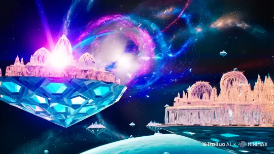 【视觉规格】 
8K HDR 1000fps | Cinema 4D+Octane渲染 | NASA科学数据融合 | 动态分形生成地形

【核心元素】
1. 星系之舞：银河系中心黑洞吸积盘发出量子缠绕特效，引力透镜扭曲后方星系群
2. 行星博览会： 
- 钻石行星表面折射出十二芒星光斑
- 海洋星球液态甲烷巨浪中漂浮着发光生物群
- 双星系统里悬空水晶城市投影在气态行星极光中
3. 动态系统： 
• 实时演算的星系碰撞模拟（MIT天体物理算法）
• 脉冲星光束扫过古代外星文明遗迹
• 暗物质网络可视化呈现在星团间隙

【运镜设计】
穿越视角：超光速粒子视角从柯伊伯带突入奥尔特云 → 虫洞跃迁至银河系悬臂 → 微距镜头捕捉量子泡沫中的纳米行星系 → 上帝视角俯瞰超星系团分形结构

【色彩科学】
暗物质紫罗兰基底色 × 脉冲星青蓝射线 × 星云离子色谱（Pantone星际色库） × 事件视界红移渐变[推进,上升] by Hailuo AI Video Generator
