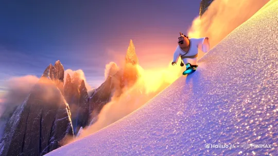A dynamic 6-second snowboarding scene,
[Taiyi Zhenren from Ne Zha: Birth of the
Demon Boy riding twin skis],(obese body
type:1.3),(round face with double chin:1.2),
thin mustache, wooden hairpin, flowing white
Taoist robe with wide sleeves,(golden Taoist
patterns on hem:1.1), gourd hanging at waist,
(snowboard engraved with glowing Taoist
talismans:1.3),
Action:(carving sharp turns on steep
slope:1.4),(360-degree aerial spin with snow
spray:1.5),(robe fluttering dramatically:1.6)
excited expression with raised eyebrows,
Environment: Himalayan-style jagged peaks,
diamond-dust snow crystals,(sunrise casting
golden rays through clouds:1.3), volumetric
fog around summit,
Cinematic elements: Low-angle tracking shot,
(slow-motion mid-air capture:1.4),
(cyberpunk-style neon snowglow:1.2)
blending by Hailuo AI Video Generator
