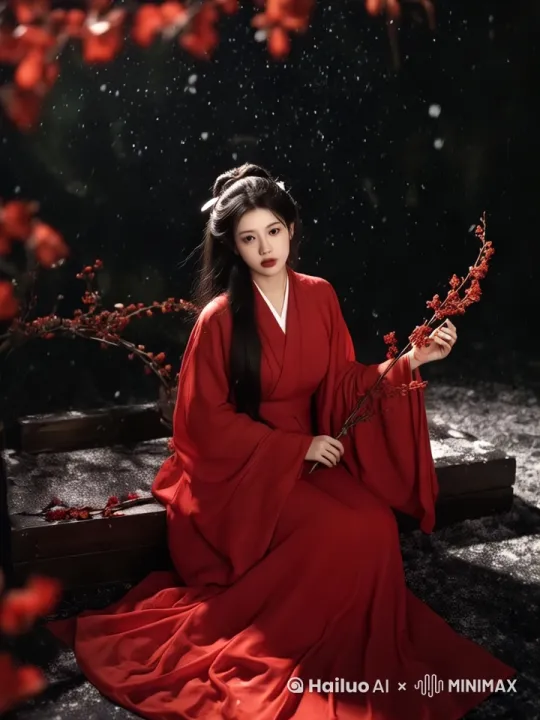 站起来，旋转古典舞蹈，花瓣纷纷下落，逼真，神奇，飘动，美丽精致，超现实主义，壁纸，8k，CG，高清画质，一个有着飘逸棕色长发的女孩，直视着观众。她穿着一件色彩鲜艳的红色连衣裙，上面饰有精致的蕾丝和刺绣细节，并带有微妙的叶形图案，增添了一抹自然的气息。增添了一种神秘的魅力。充满了错综复杂的花卉元素，增强了整体空灵优雅的氛围。突出了她头发的质感、闪亮的珠宝以及连衣裙的精美细节。自然光线突显了她的特征，创造出一个迷人的构图。[推出,上升,下摇] by Hailuo AI Video Generator