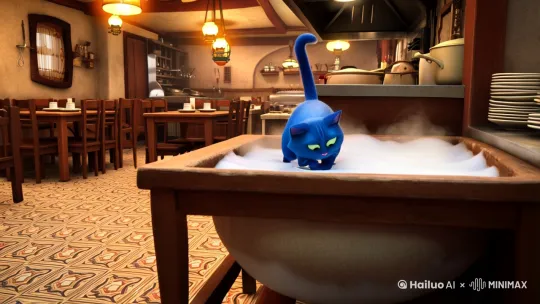 一只蓝色的猫咪周末在餐厅吃饭 被留到了餐厅刷碗 by Hailuo AI Video Generator