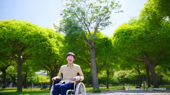 在一个风和日丽的下午，男人坐在轮椅上，一飞冲天，速度很快，镜头拉近不停转动 by Hailuo AI Video Generator