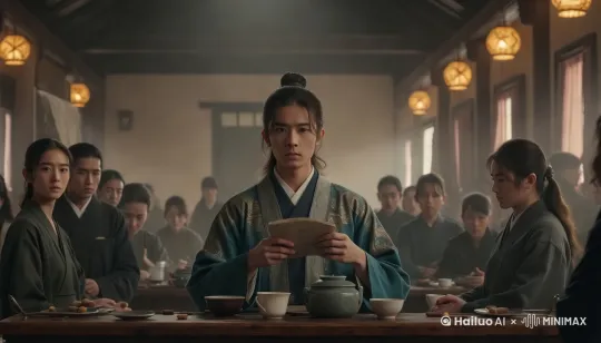 镜头前推，画面中主角一边放下手中的书，一边说着“世间妖魔鬼怪，皆以假面示人。唯有人心，比妖更可怕。”，四周的人或抬头或转头仔细倾听，四周环境中飘散着若隐若现的烟雾，镜头快速推进到桌面放置的书中 by Hailuo AI Video Generator