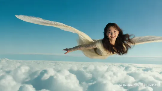 镜头和正面视角呈现,一位气质非凡的女子在浩瀚的天空中优美的俯冲姿势飞翔,脸上挂着甜美的微笑,望着镜头。画面通过低角度的镜头完美展示了她优雅的全身姿态,女子顺滑的秀发随风自由飘扬,精致的服装完美贴合她的身材。 by Hailuo AI Video Generator