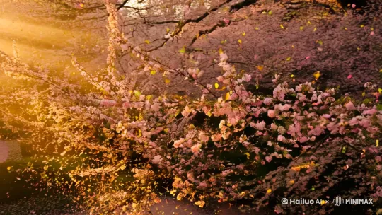 第二幕：乱红·迷途**  
**场景**：曲径通幽处，花雨纷飞  
- **镜头3**（移轴 横移长镜头）：  
  - 小园曲径两侧，海棠、梨花、樱瓣混作“乱飞”花雨，镜头随花轨迹飘摇。  
  - **光影**：斜阳穿过枝桠，光束中尘埃与花瓣共舞，形成金色迷雾。  
  - **配乐**：古筝泛音点缀，间以萧声呜咽。 by Hailuo AI Video Generator