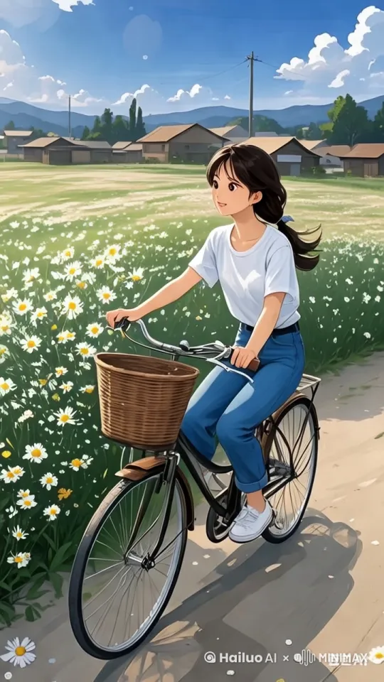 镜头左移右摇跟随女孩骑车，女孩一路微笑着骑车，镜头水平推进，然后拉远，上摇，天空中白云朵朵。 by Hailuo AI Video Generator