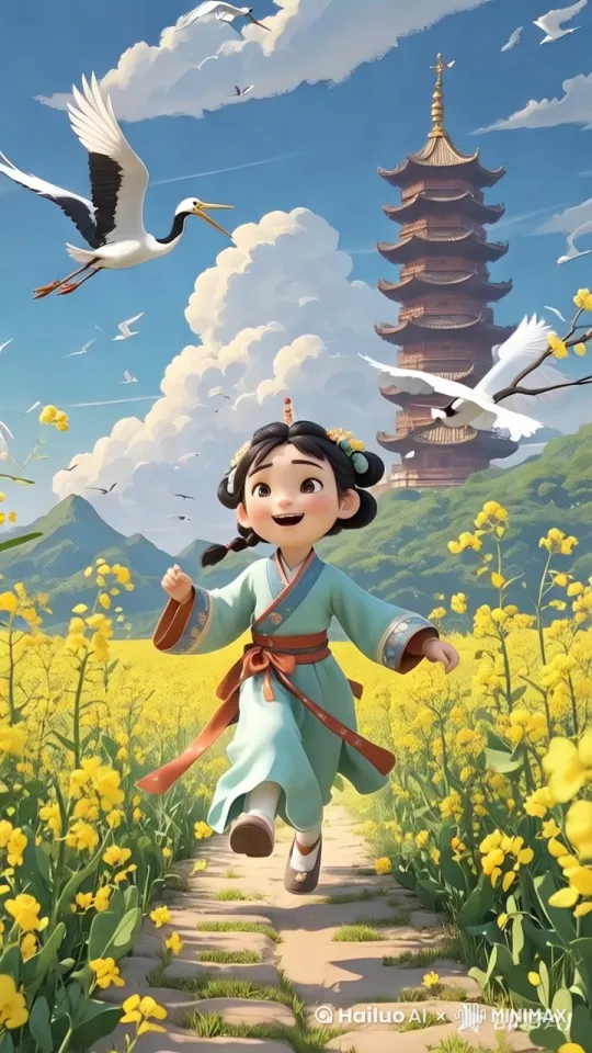 [后拉]小女孩欢快的向前能跑，白鹭在天空飞舞，两边的花随微风摇摆 by Hailuo AI Video Generator