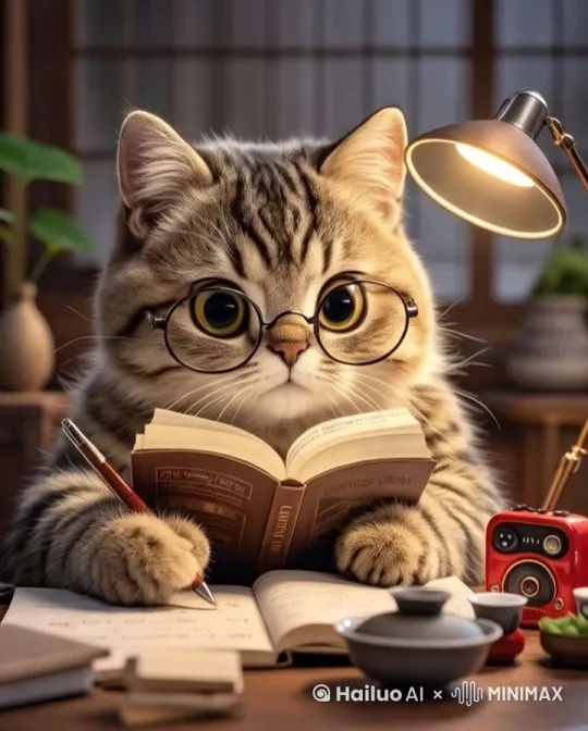 小猫小猫咪一边看书一边拿着笔在笔记本上记录着一行行字。然后放下笔记本。双手伸过头顶，打着哈欠抻懒腰 by Hailuo AI Video Generator