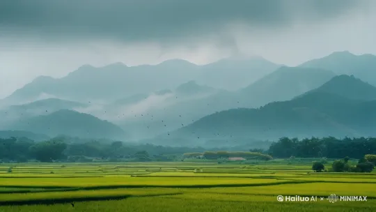 初春，细雨绵绵，群鸟高飞，远山间云雾飘动，风吹麦浪一波一波的起伏着。 by Hailuo AI Video Generator
