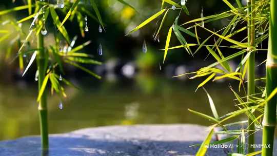 雨滴在竹叶尖形成悬垂水珠,背景雾化处理突出景深,每滴雨落击打青石板的瞬间绽放莲花状涟漪,竹节生长延时与雨滴下落保持相反速率,启用水墨画留白构图
核心参数
动态权重:雨纹(1.0)+竹动(0.3)|湿度模拟:90% RH|粒子系统:SPH流体解算 by Hailuo AI Video Generator