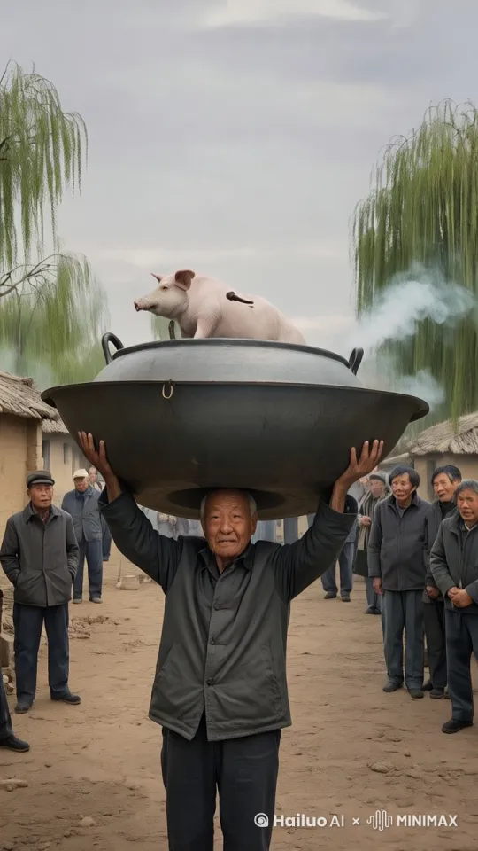 大爷大爷疯狂旋转蹦迪跳舞，鼎里突然起火，顶里的猪变成了烤猪。 by Hailuo AI Video Generator