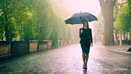在雨中，一个人打着伞漫步是一种非常惬意和浪漫的体验。雨滴轻轻地拍打着伞面，发出有节奏的滴答声，仿佛在为你演奏一曲自然的交响乐。空气中弥漫着泥土和植物的清新气息，让人心旷神怡。

这种时刻，你可以尽情享受独处的宁静，思考人生，或者只是单纯地感受雨中的美好。雨水冲刷着街道和树木，让一切都显得格外清新和明亮。如果你喜欢摄影，这也是一个捕捉美丽瞬间的好机会。

当然，雨中漫步也需要注意安全，选择合适的鞋子，避免滑倒。同时，也要根据天气情况选择合适的衣物，以免着凉。希望你在雨中漫步时，能找到属于自己的那份宁静和快乐。 by Hailuo AI Video Generator