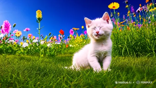 一只白色小猫崽坐在地上闭着眼，一个蓝色的蝴蝶飞到飞到它的鼻子上 by Hailuo AI Video Generator
