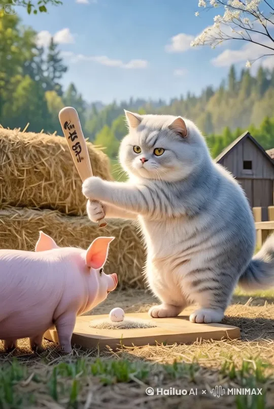 标题：猫咪与猪猪的奇妙棒球赛

开场镜头：
画面展示一片宁静的农场，蓝天白云，阳光明媚。背景是一片绿树成荫的山丘，远处可以看到一座木质小屋。前景是一片干草堆，草地上散落着些许干草。

镜头推进：
一只体型圆润、毛色灰白的猫咪站在草地上，手里握着一根木制棒球棒，目光专注地盯着前方。棒球棒上刻有汉字。

镜头切换：
一只粉嫩的小猪站在猫咪对面，目光同样注视着前方。小猪旁边有一个小木台，上面放置着一个白色的小球。

镜头特写：
猫咪和小猪的表情特写，展示它们专注的神情。猫咪的眼神锐利而坚定，小猪则显得有些好奇和期待。

镜头全景：
猫咪挥动棒球棒，准备击球。小猪在一旁静静等待。镜头捕捉到猫咪挥棒的瞬间，以及小球飞出的轨迹。

镜头切换：
小球飞向远方，猫咪和小猪的目光追随小球的方向。背景中的山丘和小屋依然清晰可见，整个画面充满了宁静与和谐的氛围。

结尾镜头：
猫咪和小猪一起望向远方，仿佛在期待着什么。画面渐渐淡出，留下一个温馨而有趣的农场生活场景。 by Hailuo AI Video Generator