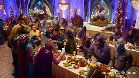 Create a hyper-realistic video in ultra-high definition (4K) with a cinematic master shot style. The scene depicts a group of fantastical, otherworldly creatures (resembling "牛鬼蛇神") gathered in an opulent banquet hall, mimicking human behavior and engaging in a lively toast ("推杯换盏"). The video should feature hyper-realistic textures, rich colors, and intricate details. The camera work should include smooth, dynamic movements such as slow zooms, pans, and low-angle shots to capture the interactions and emotions of the characters. The video should have a high frame rate (60fps) and HDR color for enhanced visual quality. Include ambient sounds of the banquet, such as chatter, clinking glasses, and soft background music, as well as realistic sound effects for the characters' movements and dialogues. by Hailuo AI Video Generator