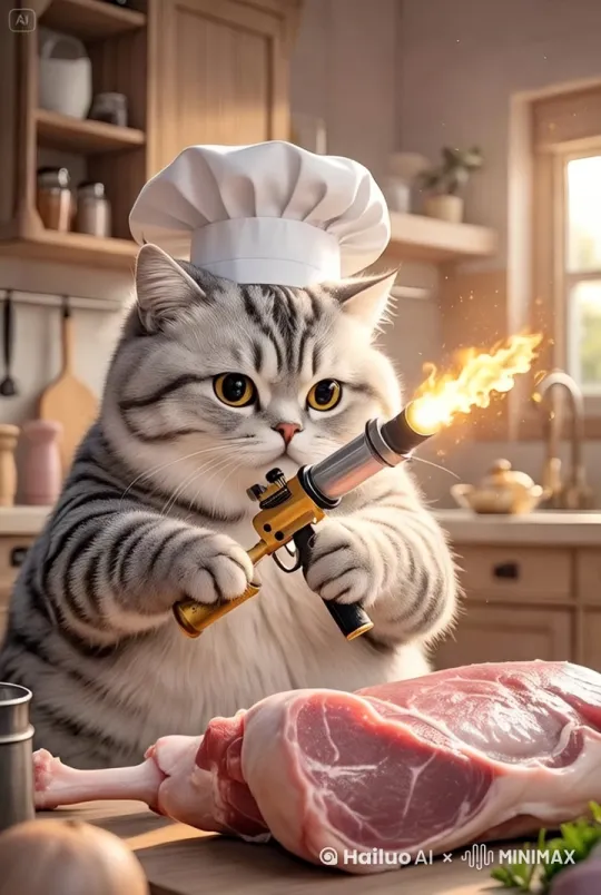 标题：猫咪厨师的火焰料理秀

开场镜头：
画面展示一个温馨的厨房，阳光透过窗户洒进来，木质的橱柜和厨房用具整齐摆放。一个戴着厨师帽的猫咪站在厨房台前，手里拿着一把火焰喷射器，目光专注地看着面前的肉块。

镜头推进：
猫咪厨师用火焰喷射器对准肉块，开始进行火焰炙烤。火焰喷射器的火焰明亮而炽热，照亮了猫咪的脸庞和肉块。猫咪的表情专注而认真，仿佛在进行一场重要的料理。

镜头切换：
火焰炙烤肉块的特写镜头，肉块表面开始变得金黄，散发出诱人的香气。猫咪厨师继续调整火焰喷射器的角度，确保肉块均匀受热。

镜头全景：
厨房的背景依然清晰可见，阳光洒在台面上，营造出一种温暖而舒适的氛围。猫咪厨师继续专注于炙烤肉块，整个画面充满了趣味和温馨。

结尾镜头：
火焰熄灭，肉块表面金黄酥脆，散发出浓郁的香气。猫咪厨师满意地看着自己的作品，露出一个得意的微笑。画面渐渐淡出，留下一个温馨而有趣的厨房场景。

字幕：
“猫咪厨师的火焰料理秀，美味与乐趣并存。” by Hailuo AI Video Generator