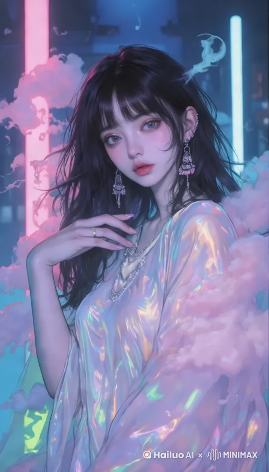 一位身着虹彩丝绸的空灵女子，镜头缓慢前推加上升，女孩缓慢的转头，眨眨眼。画面主体动态呈现，动作自然流畅，融合，过程丝滑而匀速，符合逻辑，极致细节，真实的动态捕捉，不模糊，高质量，没有瑕疵，呈现出复古赛博朋克美学风格，周身环绕着霓虹蒸汽，蒸汽自然的漂浮在女子周围，搭配柔和的蒸汽波色调 ，背景是发光的粉色和蓝色灯管不停的闪烁[上摇,变焦推进,上升] by Hailuo AI Video Generator