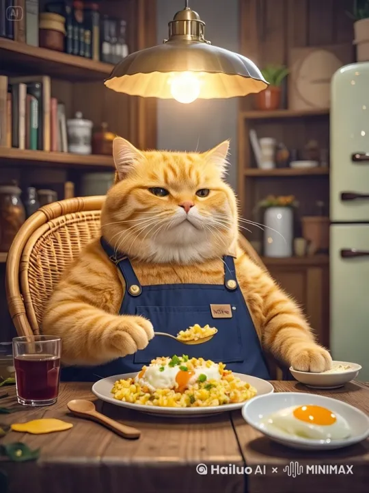 猫在用勺子吃饭 by Hailuo AI Video Generator