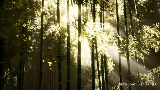 "茂密的竹林中，晨风拂过竹叶发出沙沙声，阳光从竹枝间斜射形成光柱。镜头以第一视角穿梭于竹林小径，偶尔有露珠从叶尖滴落。画面风格偏向水墨淡彩，竹影摇曳时有轻微的运动模糊，背景虚化突出竹节的纹理细节。 by Hailuo AI Video Generator