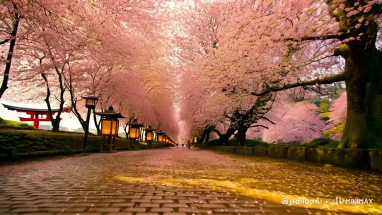 【分镜描述】**  
1. **全景·樱花大道（10秒）**  
- 广角镜头仰拍：淡粉色云霞般的樱花树冠填满天空，阳光从花瓣缝隙间滤下，光斑如碎金洒在石板路上  
- 慢镜头：一阵风掠过树梢，成千上万的花瓣挣脱枝头，形成旋转的粉色漩涡  
- 背景元素：两侧古色木灯笼微微摇晃，远处朱红色鸟居隐约可见  

2. **中景·树下漫步（15秒）**  
- 跟拍视角：穿浅色和服的少女踏着木屐走过，发间樱花簪穗轻颤  
- 花瓣雨动态：特写花瓣擦过她的肩头，一片落在展开的油纸伞面，另一片坠入她捧着的陶杯抹茶  
- 环境音效：风声渐强，混入三味线悠长的颤音  

3. **近景·飘落轨迹（循环镜头）**  
- 微距慢动作（120帧）：单瓣樱花脱离花托的瞬间震颤，半透明花瓣在气流中螺旋下坠  
- 光影魔法：逆光拍摄时花瓣边缘泛着珍珠光泽，掠过镜头时短暂虚化成粉色光晕  
- 地面特写：花瓣轻触青苔石阶，惊起一只蓝翅蝴蝶  

4. **互动场景（20秒）**  
- 孩童嬉戏：小男孩踮脚接花瓣，转身扬起书包里积攒的花瓣，笑闹声惊飞麻雀群  
- 恋人镜头：白发夫妇并肩坐在长椅，老先生拾起落在妻子银发上的花瓣，放进泛黄的诗集  
- 空镜过渡：一枝樱花斜入画面，花瓣持续飘落，远处电车叮咚驶过  

---

**【氛围强化】**  
- **色彩基调**：  
柔粉/新绿/暖白为主色，降低饱和度增添朦胧感  
- **动态节奏**：  
花瓣飘落速度交替变化，时而疾风卷雪，时而慢如浮舟  
- **季节元素**：  
飘落花瓣间穿插嫩绿新芽特写，溪面浮花与游动的锦鲤  

---

**【技术提示】**  
- 拍摄设备：无人机全景+手持云台跟拍+微距镜头  
- 慢动作：240fps捕捉花瓣挣脱枝头的瞬间动态  
- 光线控制：选择清晨蓝调时刻或黄昏魔术光时段 by Hailuo AI Video Generator