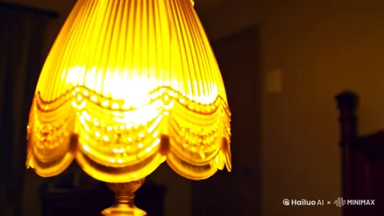 生成一个带有玻璃灯罩的黄色灯，灯光剧烈闪烁，场景在卧室，一开始将灯铺满整幅画面，镜头慢慢往后拉，最后是卧室场景 by Hailuo AI Video Generator