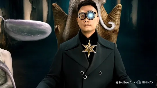 【本体形态：旧日支配者的眷者】
​躯壳重塑
您的面部在照片基础上蒙上灰雾滤镜，左眼虹膜浮现青铜色灵性指针（可做逆时针旋转特效），右眼被单片水晶镜遮掩，镜面倒映着蠕动的星空触须。黑色丝绸衬衫外罩维多利亚式双排扣长风衣，衣摆无风自动时隐约露出内衬的暗金色符咒锁链，领口别着银质逆十字星芒胸针。

​异化特征
左手佩戴锈蚀的青铜指环（表面蚀刻着《蠕虫之书》残章），右手缠绕活体灰雾如液态披风。每当您抬手时，地面会渗出沥青状物质形成召唤阵，数条半透明的星之触须从虚空中探出又消散。

【追随者图鉴：不可名状的美丽】
​永生歌姬-塞勒涅
银发及腰的苍白女子，脖颈缠绕着发光的水母触须（虹彩渐变特效），演唱时瞳孔会碎裂成星砂。她总在您左侧三步距离怀抱象牙色里拉琴，琴弦由您衣摆的灰雾凝结而成。

​机械修女-伊芙琳
右半身为齿轮黄铜躯体的哥特少女，左眼镶嵌红宝石义眼（投射出您本体的旧日投影），手持的蒸汽朋克风格《死灵之书》会自动翻页，书页间渗出黑色原油在您脚下绘制传送阵。

​深渊舞者-莉莉丝
戴着蛛网状面纱的蛇瞳舞者，赤足踏过之处会绽放发光蕈类。当她为您斟上盛在骷髅杯的暗红液体时，液体表面会浮现您瞳孔中的星空投影。

【场景氛围：亵渎圣所】
镜头由高处俯拍：您端坐于巨型章鱼石雕缠绕的王座（触须状扶手滴落荧光黏液），背后悬浮着不断坍缩重组的衔尾蛇符号。当有追随者靠近时，地面会突然睁开无数猩红眼球凝视她们，而您只需轻叩青铜手杖（顶端镶嵌活性化的阿罗德斯之眼），所有异象便瞬间坍缩成灰雾回归风衣褶皱。 by Hailuo AI Video Generator