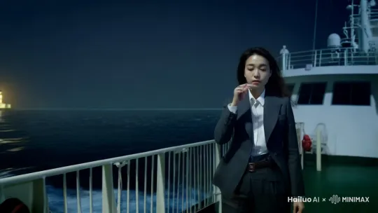 她现在昏暗的甲板上，身穿西装西裤、海风吹动了她的发丝，远处的灯塔忽明忽暗、她手里的香烟马上燃尽、 by Hailuo AI Video Generator