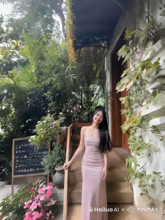 镜头1(4秒):
起始画面:镜头从稍远的地方开始,聚焦在站在木制楼梯上的女性。她身穿粉色长裙,阳光洒在她的身上,形成温暖的光晕效果。
运镜:镜头开始缓慢向前推进,模拟一种观众逐渐靠近的视觉效果。阳光透过树叶间的缝隙洒在她的身上,微风轻轻吹动她的长发和裙摆,营造出一种轻盈、流动的感觉。
人物动作:女性轻轻抬起右手,遮在额头上,似乎在遮挡阳光,同时露出微笑。她的动作自然且优雅,与周围的自然环境融为一体。
镜头2(4秒):
起始画面:镜头继续向前推进,逐渐靠近女性,她开始转身,面向木门。
运镜:镜头跟随她的动作,保持一致的推进速度,营造出一种跟随她进入庭院深处的感觉。此时,阳光依然明亮,微风继续吹动她的头发和裙摆。
人物动作:女性轻轻提起裙摆,迈上木门的台阶。她的动作轻盈而优雅,充满了活力和动感。与此同时,镜头稍微拉高,从稍高的角度俯视她,展现出她与周围自然环境的和谐美感。
结束画面:镜头在她迈上台阶的瞬间定格,阳光洒在她的身上,周围的环境显得格外明亮和生动。
视频氛围:
整个视频充满了阳光的温暖和自然的美丽,人物的动作与运镜相结合,营造出一种轻松、愉悦的氛围。微风的吹动和阳光的洒落为画面增添了动态的美感,使得整个场景更加生动和真实。 by Hailuo AI Video Generator