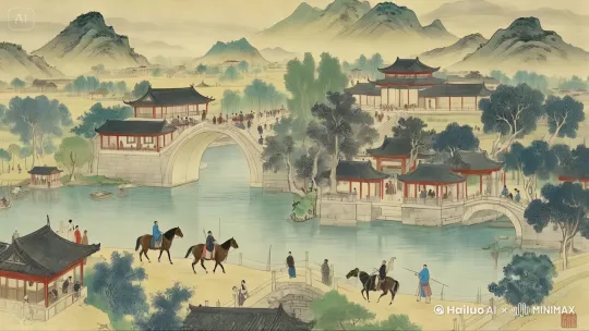 要将这张图的内容变活，成为一个惊艳的视频，可以从以下几个方面入手：

1. **动态场景转换**：首先，可以将静态的画面分解成多个动态场景。例如，可以从远景的山峦开始，逐渐拉近镜头，展示山脉的起伏和层次感。接着，镜头可以慢慢移动到中景，展示桥梁和河流的交汇处，最后聚焦到近景，展示桥梁上的人群和骑马的人物。

2. **人物动作和互动**：为了让画面更加生动，可以为图中的人物添加一些动作。例如，桥上的人群可以走动、交谈，甚至停下来欣赏风景。骑马的人物可以慢跑、停下、互相问候或继续前行。水面上可以有几艘小船慢慢划过，船上的人们可以进行一些简单的活动，如划桨、钓鱼等。

3. **环境细节**：为了让视频更加真实，可以增加一些环境细节。例如，风吹动树叶，水面泛起涟漪，桥上的灯笼轻轻晃动等。这些细节可以让观众感受到画面的动态和生机。

4. **光影变化**：光影的变化可以大大增强画面的立体感和真实感。可以模拟一天中的不同时间段，从清晨的柔和光线，到中午的强烈阳光，再到傍晚的温暖余晖。这些光影的变化可以让画面更加丰富和有层次。

5. **音效和音乐**：音效和音乐的加入可以让视频更加生动。可以加入一些自然的声音，如流水声、风声、鸟鸣声等。同时，选择一首与画面氛围相符的传统音乐，可以进一步增强视频的情感表达和观赏体验。

6. **色彩和滤镜**：适当调整色彩和添加滤镜，可以让画面更加鲜艳和富有艺术感。可以选择一些柔和的滤镜，增强画面的古典气息，同时保持色彩的丰富和层次感。

通过以上这些方法，可以让这张静态的图画变成一个充满生机和魅力的动态视频，给观众带来一种身临其境的感觉，仿佛置身于古代中国的美丽画卷之中。 by Hailuo AI Video Generator