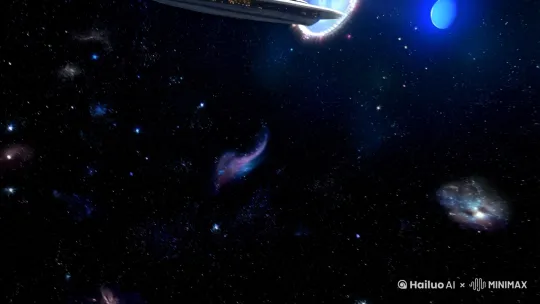 [左移,上升]一个巨大的星际飞船准备穿越星门，整个场景在外太空，背景里有地球 by Hailuo AI Video Generator