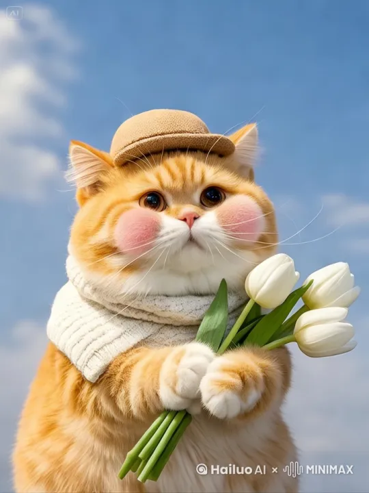 橘猫把手中的花送到镜头面前，然后微笑，动作流畅不卡顿。[左移,推进,右摇] by Hailuo AI Video Generator
