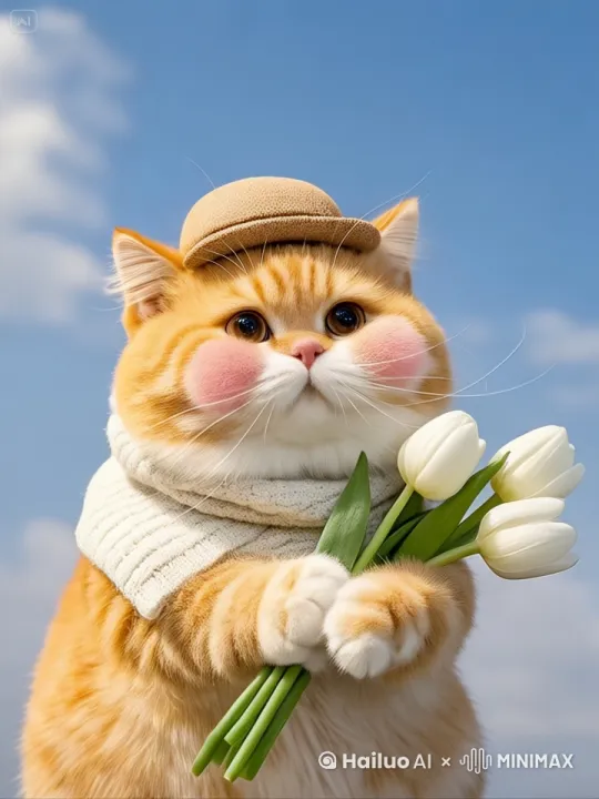 小猫举起手中的花，送到镜头前面。 by Hailuo AI Video Generator