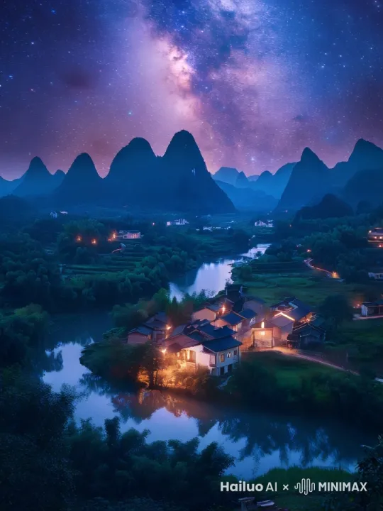 山水夜景，灯光、星光闪烁，河水轻微流动，斗转星移 by Hailuo AI Video Generator