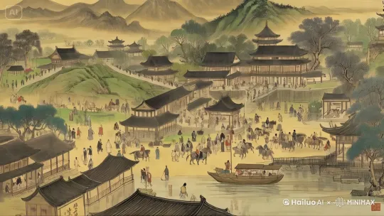 这张图片描绘了一个古代中国的繁华市集和山水景色，非常适合制作一个短视频。以下是一些提示词，可以帮助你更好地构思和制作这个视频：

### 视频提示词

#### 1. 开场镜头
- **画面**：远景，展示整个市集和山水景色。
- **提示词**：清晨的阳光洒在古老的市集上，山峦起伏，烟雾缭绕，仿佛一幅静谧的画卷。

#### 2. 中景镜头
- **画面**：逐渐拉近，展示市集上的建筑和人群。
- **提示词**：市集上人来人往，商贩们忙碌地招呼客人，古老的建筑诉说着岁月的故事。

#### 3. 特写镜头
- **画面**：聚焦于市集上的某个场景，如商贩与顾客的交流，马匹穿行等。
- **提示词**：在这里，人们交流着日常的琐事，马蹄声清脆，回荡在空气中。

#### 4. 环境细节
- **画面**：展示市集周边的自然景观，如河流、树木、山脉等。
- **提示词**：清澈的河水缓缓流淌，岸边的树木随风摇曳，远处的山脉若隐若现。

#### 5. 动态元素
- **画面**：加入一些动态元素，如小船划过水面，马匹奔跑等。
- **提示词**：小船划过水面，激起层层涟漪，马匹在市集上奔跑，带来一丝活力。

#### 6. 光影变化
- **画面**：展示一天中不同时间段的光影变化，如清晨、正午、傍晚。
- **提示词**：随着时间的推移，阳光逐渐变得炽烈，市集在阳光下显得更加热闹，黄昏时分，夕阳的余晖洒在市集上，增添了一份宁静。

#### 7. 音效和音乐
- **提示词**：加入自然的声音，如流水声、风声、鸟鸣声，以及传统音乐，营造出古朴的氛围。

#### 8. 结尾镜头
- **画面**：回到远景，展示整个市集和山水景色。
- **提示词**：夜幕降临，市集渐渐安静下来，山水景色在月光下显得格外迷人。

通过这些提示词，你可以更好地构思和制作这个短视频，将这张静态的图画变成一个充满生机和魅力的动态视频，给观众带来一种身临其境的感觉。 by Hailuo AI Video Generator