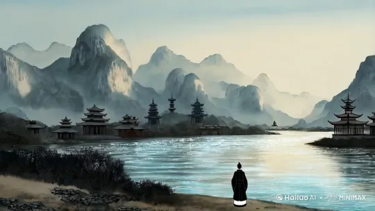 采用水墨画风格,展现《千里江山图》的壮丽景色。镜头从右侧缓缓移动,描绘连绵起伏的群山,清澈的江水,以及点缀其间的亭台楼阁。使用淡墨和浓墨的对比,展现山峦的层次感和江水的波光粼粼。画面中,一位古装人物站在江边,眺望远方,营造出宁静深远的氛围。4K超清画质,展现水墨画的细腻和韵味。 by Hailuo AI Video Generator