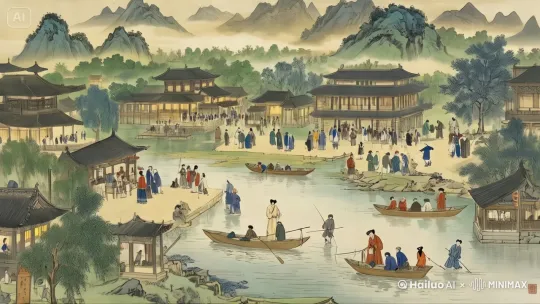 这幅画描绘了一个古代中国的水乡景象，充满了生机与活力。要让这幅画的内容活起来，可以通过以下方式进行描述：

---

清晨的阳光洒在水乡的每一个角落，远处的青山在薄雾中若隐若现，仿佛一幅天然的山水画卷。河水清澈见底，微风拂过，水面上泛起层层涟漪。两岸的建筑错落有致，古色古香的亭台楼阁掩映在绿树丛中，显得格外宁静祥和。

河面上，几艘小船缓缓划过，船夫们熟练地划动着船桨，船上的人们或坐或站，享受着这份难得的闲适。有的船只在岸边停靠，乘客们正准备上岸，有的则继续前行，驶向更远的地方。岸边的码头上，人们熙熙攘攘，有的在等待渡船，有的在闲聊，还有的在欣赏着这美丽的景色。

在画面的中心，一座拱桥横跨河面，桥上行人络绎不绝。有的人提着篮子，似乎刚刚从集市上归来；有的人牵着孩子，享受着亲子时光；还有的人三五成群，谈笑风生。桥下的河水清澈见底，几条小鱼在水中自由自在地游动，偶尔跃出水面，溅起点点水花。

岸边的树木郁郁葱葱，柳树垂下长长的枝条，随风轻拂水面，仿佛在与河水嬉戏。树下的小径上，几位老人正在散步，他们悠闲地踱着步子，不时停下来欣赏周围的景色。孩子们在草地上追逐嬉戏，笑声在空中回荡，给这幅宁静的画面增添了几分生气。

远处的山峦连绵起伏，山间云雾缭绕，仿佛仙境一般。山脚下，几座古朴的民居点缀其间，炊烟袅袅升起，预示着一天的开始。整幅画面充满了生活的气息，每一个细节都描绘得栩栩如生，仿佛让人置身于一个宁静而美好的古代水乡。

---

通过这样的描述，可以让这幅画的内容变得更加生动，仿佛身临其境，感受到那份宁静与美好。 by Hailuo AI Video Generator