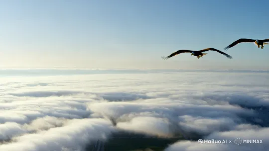 Eagles diving through clouds toward the battlefield (wide aerial shot) by Hailuo AI Video Generator