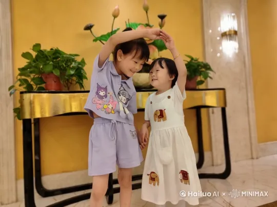 两个小孩手拉手开心的转圈，然后进入一个世外仙境，继续手拉开心的手转圈，左摇，右摆，拉远运镜 by Hailuo AI Video Generator