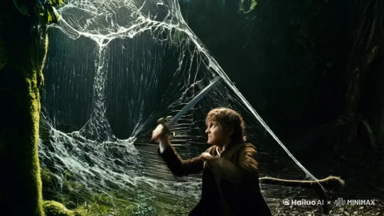 Mirkwood Spider Attack
Scene: Bilbo slashing webs with Sting as a spider leg jabs toward the camera by Hailuo AI Video Generator